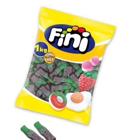 Gominola Fini sabor cola en forma de botella, con azúcar y sin gluten, ideal para venta unitaria