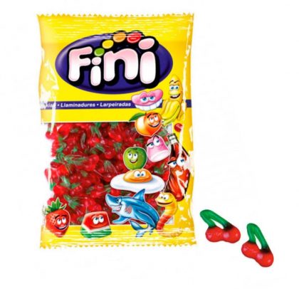 Gominola Fini con forma de cerezas dobles, sabor cereza, recubierta de brillo y sin gluten, ideal para venta por unidad