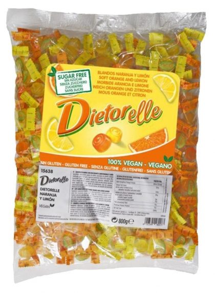 Dietorelle goma naranja y limón sin azúcar y sin gluten con Stevia.